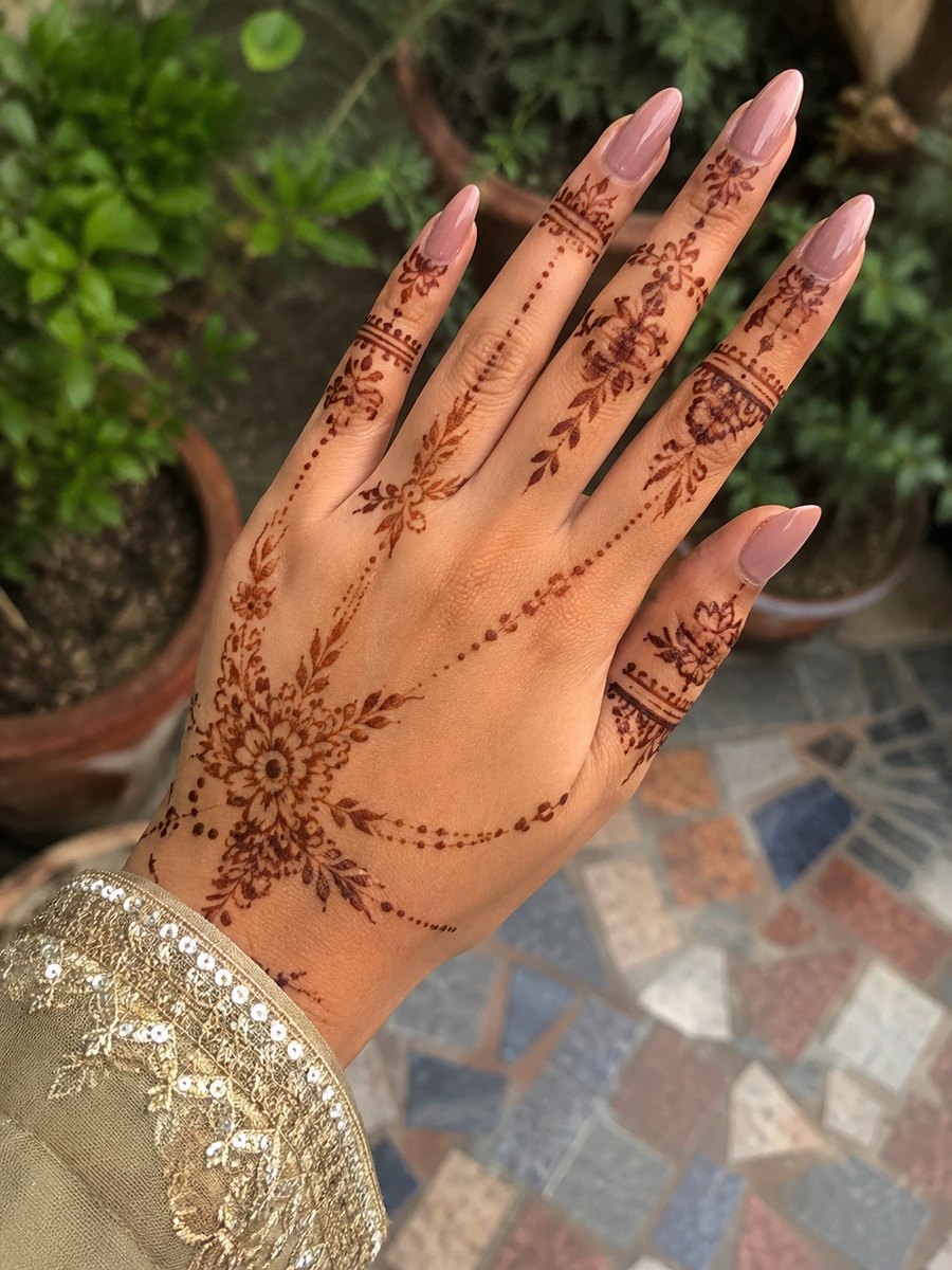 Freehand mehndi in fine floral and paisley detail across the back of a hand
