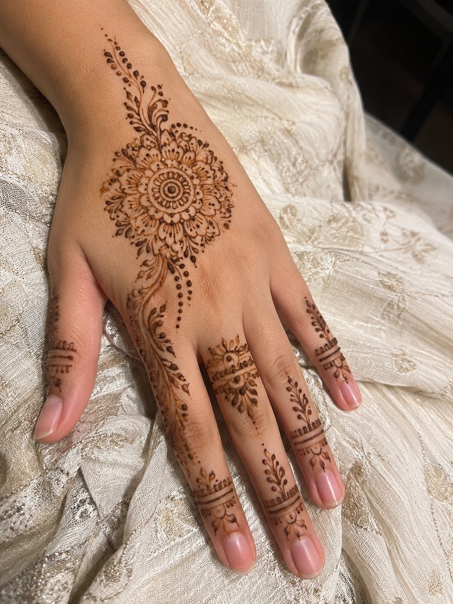 Freehand henna mandala with floral mehndi across the back of a client's hand